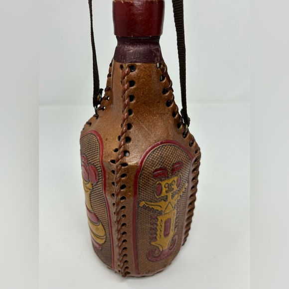 Vintage Columbia Decanter Leather Hand Tooled Empty Bottle Flask With Cap Strap - Picture 11 of 16